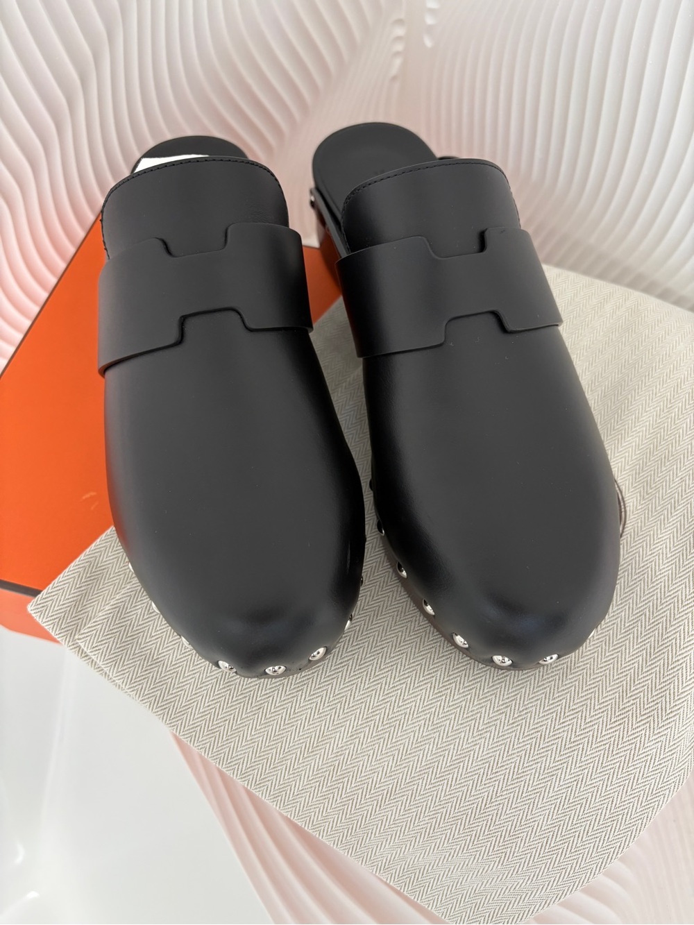 Hermes Black Leather Cayla Clog with Silver Stud Accents